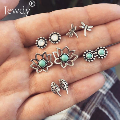 5 Pairs/Set Lotus Flower Crystal Stud Earrings for Women Boho Boucle D'oreille New Stone Jewelry Dazzling Cubic Zirconia Brincos