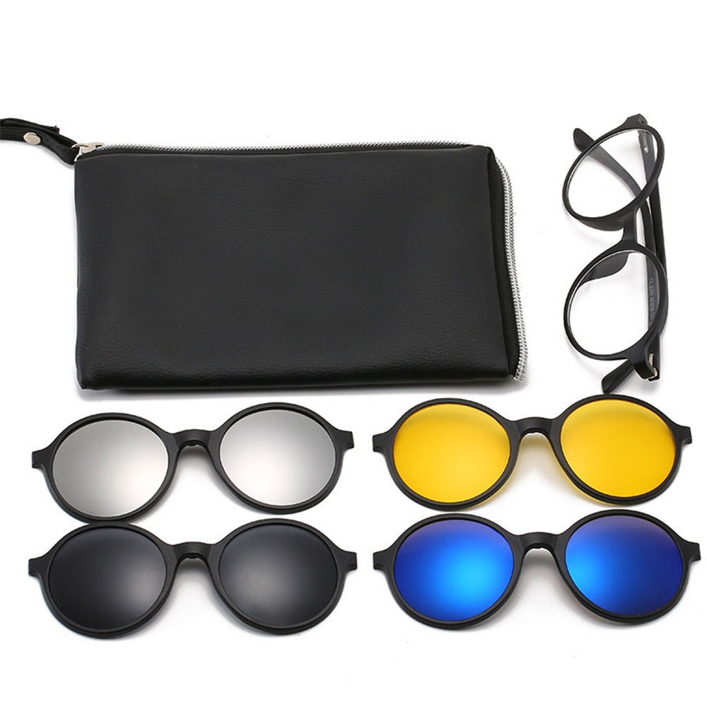 5 in 1 Clip On Sunglasses with Polarized Night Vision Mirror Flat Magnetic Lens Clips Optical Myopia Glasses Prescription