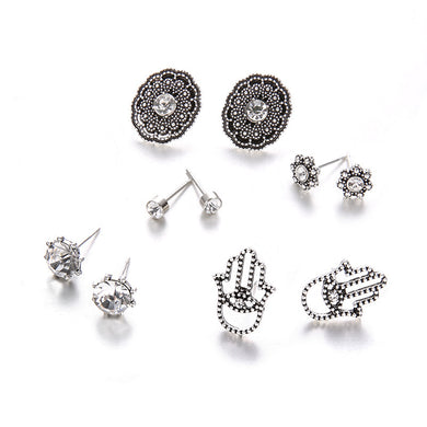 50 paia/lotto Set di orecchini da donna color argento antico, gioielli con perline di cristallo rotonde, orecchini a bottone con fiore, palma cava 