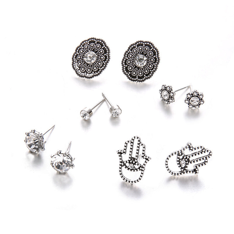50 Pairs/lot Earrings Set Women Antique Silver Color Hollow Hand Palm Flower Stud Earring Jewelry Round Crystal Beads Jewelry