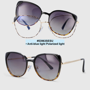 53963 Two Piece Set Cat Eye Anti Blue Light Metal Men Women&#39;s Computer Glasses With Magnetic Clip Polarized UV400 Lenses