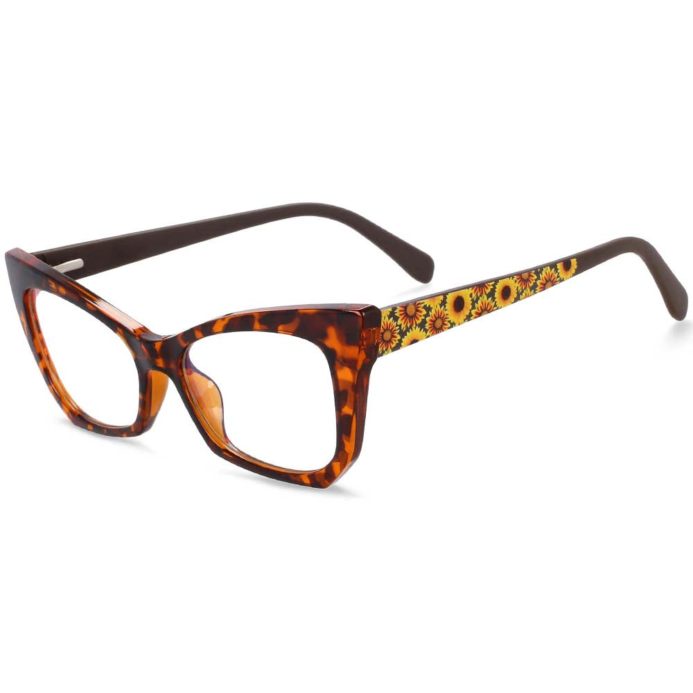 54259 Cat Eye Anti Blue Light Women Glasses Frames Floral Leg Plastic Titanium Computer Eyeglasses