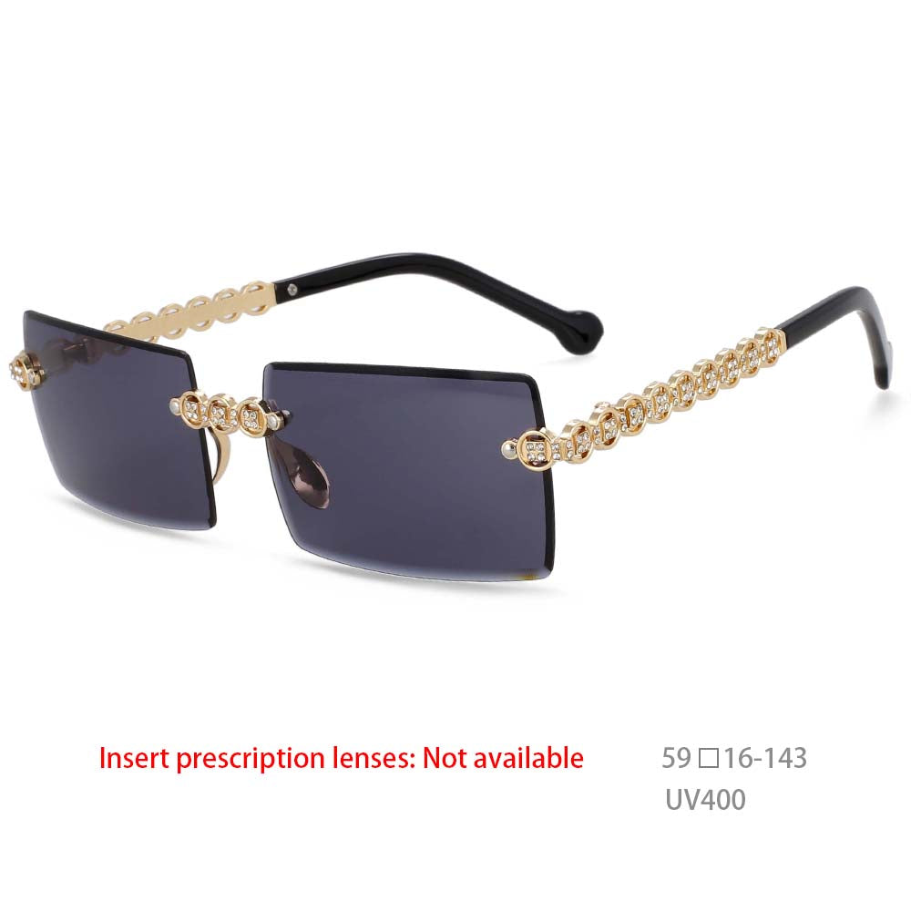 54425 Personality Brand Designer Design Eye Protection Rectangular Frameless Cut Diamond Metal Ladies Sunglasses Uv400