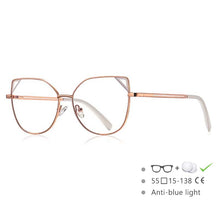 Carica l&#39;immagine nel visualizzatore di Gallery, 54549 Occhialini stile Cat Eye da donna in metallo con montatura completa, aste a molla, orecchie di gatto, anti luce blu 
