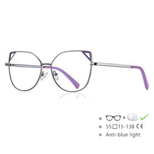 Carica l&#39;immagine nel visualizzatore di Gallery, 54549 Occhialini stile Cat Eye da donna in metallo con montatura completa, aste a molla, orecchie di gatto, anti luce blu 
