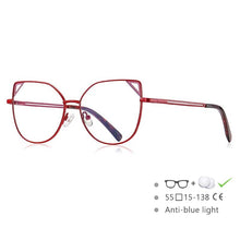 Carica l&#39;immagine nel visualizzatore di Gallery, 54549 Occhialini stile Cat Eye da donna in metallo con montatura completa, aste a molla, orecchie di gatto, anti luce blu 