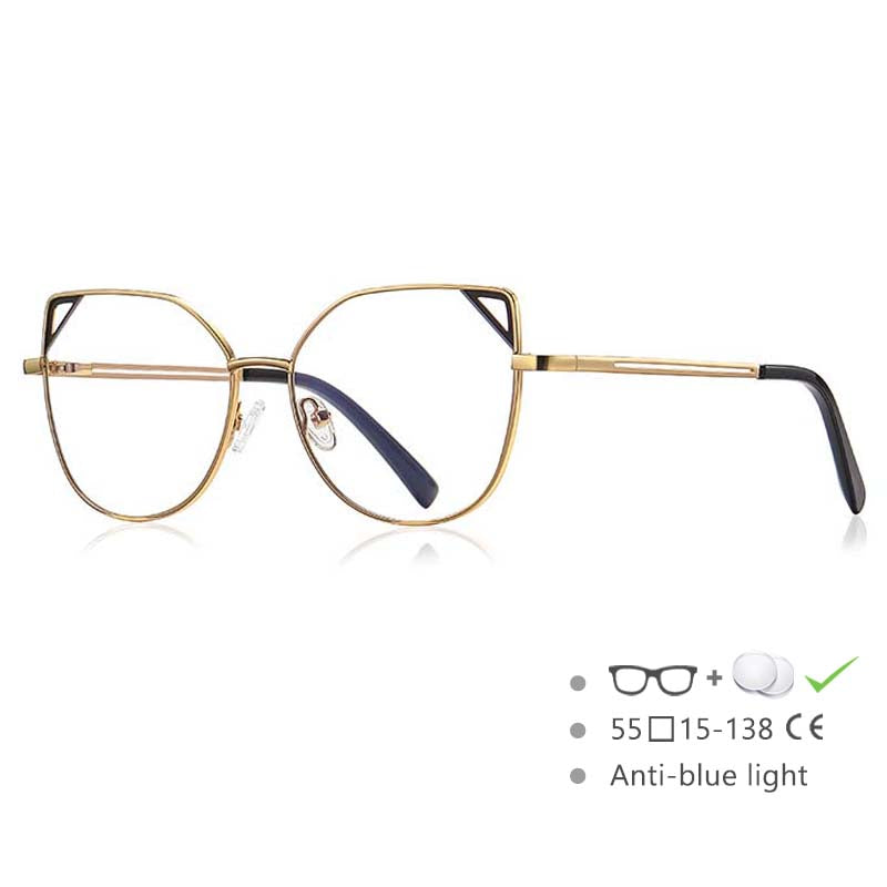 54549 Occhialini stile Cat Eye da donna in metallo con montatura completa, aste a molla, orecchie di gatto, anti luce blu 