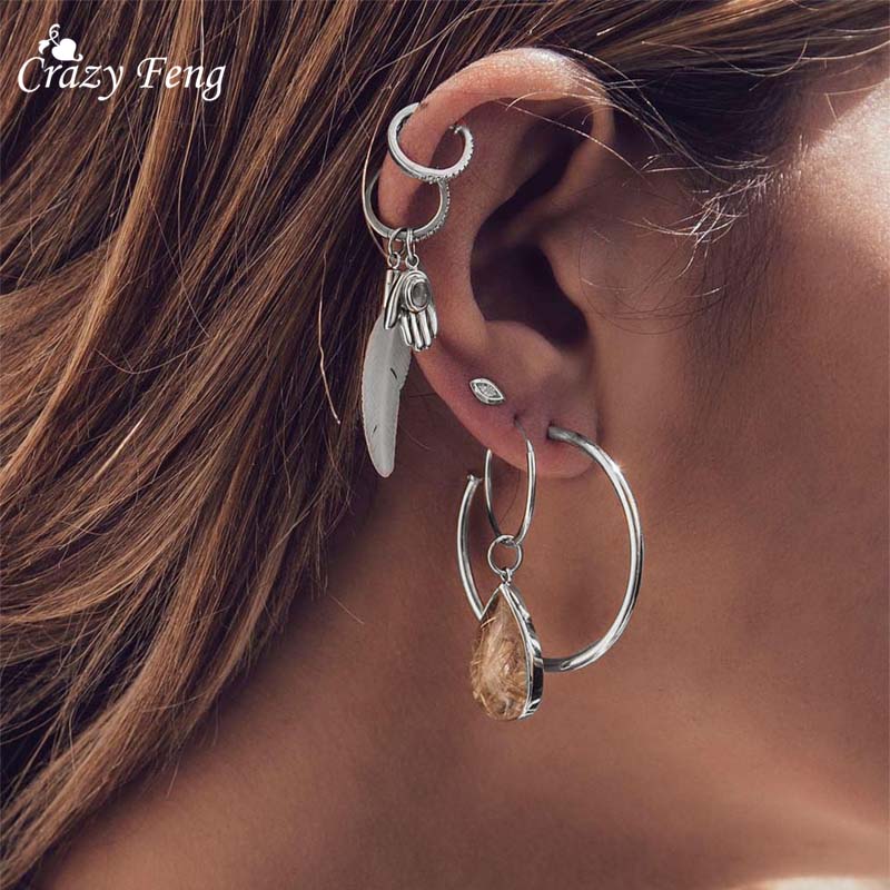 5PCS/Set Antique Silver Color Earrings Set for Women Bohemian Hoop Earrings 2018 Vintage Fashion Stone Earings Statement Jewelry