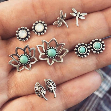 5Pair/Set Vintage Silver Dragonfly Leaf Stud Earrings for Women Resin Hollow Out Flower Geometric Ear Studs Earring Set Jewelry