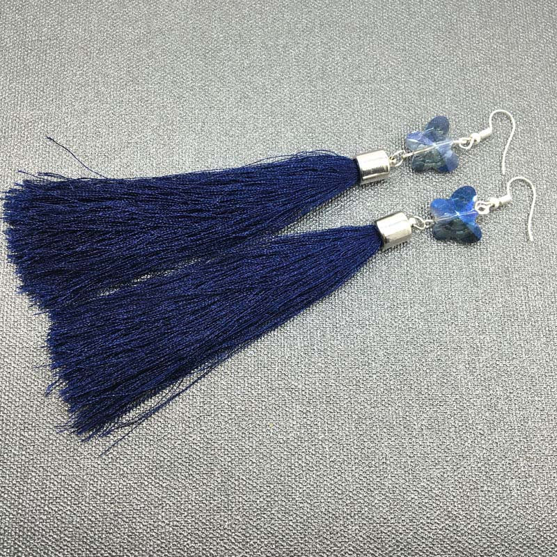 5pair New Fashion Ink Blue Long Tassel Earring For Women Wedding Butterfly Crystal Tassel Earrings Wholesale