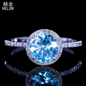 6.5mm Round Cut Solid 10k White Gold 1.44ct Blue Topaz & Natural Diamonds Engagement Wedding Gemstone Jewelry Ring