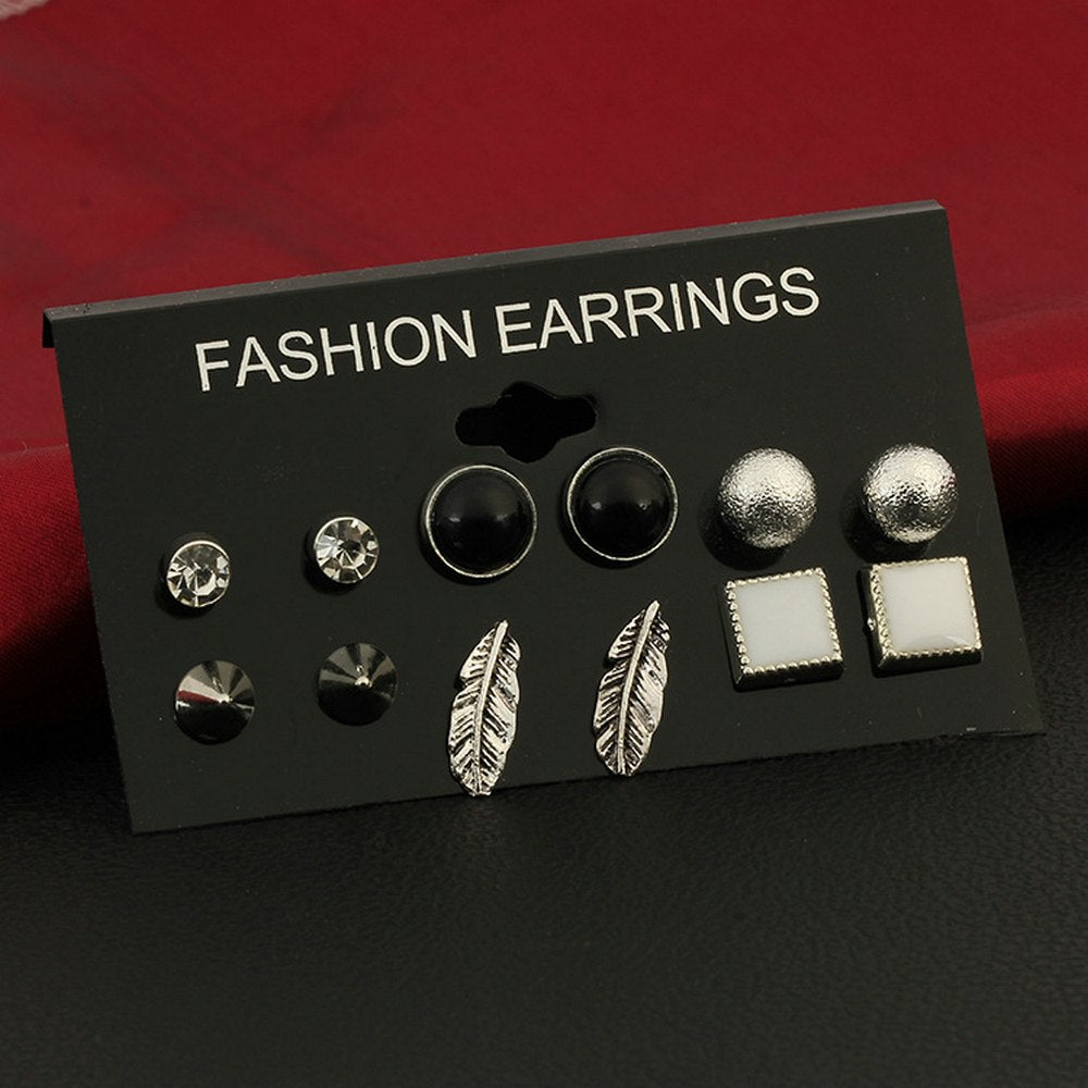 6 Pair/Box Fashion Black White Rhinstone Crystal Metal Leaf Shape Ear Studs Earrings Set 6 Styles Earring Jewelry