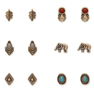 6 Pairs Earrings lot Fashion Vintage Leaves Elephant Cute Mini Stud Earrings For Women Charm Jewelry Factory Wholesale