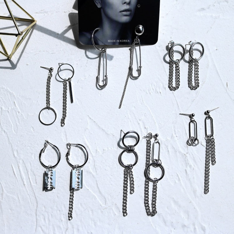 6 Pairs Per Set Earrings Safety Pin Geometry Chain Drop Earrings Women Vintage Long Chain Earrings Men Korean Fashion Jewelry