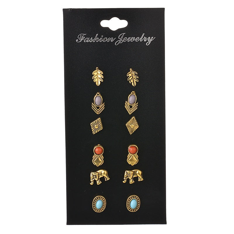 6 pairs/set super value Bohemia green stone vintage style bronze color Leaf Elephant Sun exquisite charm Stud Earring Set Women