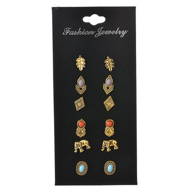 6 pairs/set super value Bohemia green stone vintage style bronze color Leaf Elephant Sun exquisite charm Stud Earring Set Women