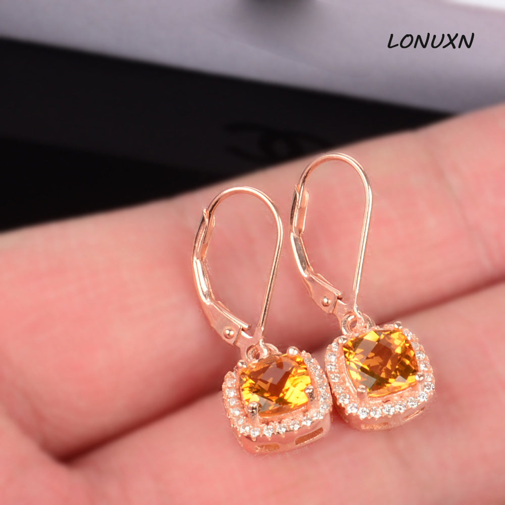 6MM*6MM natural Austria yellow Crystal girls High quality genuine square Retro Earrings wealth women Jewelry lovers best gift