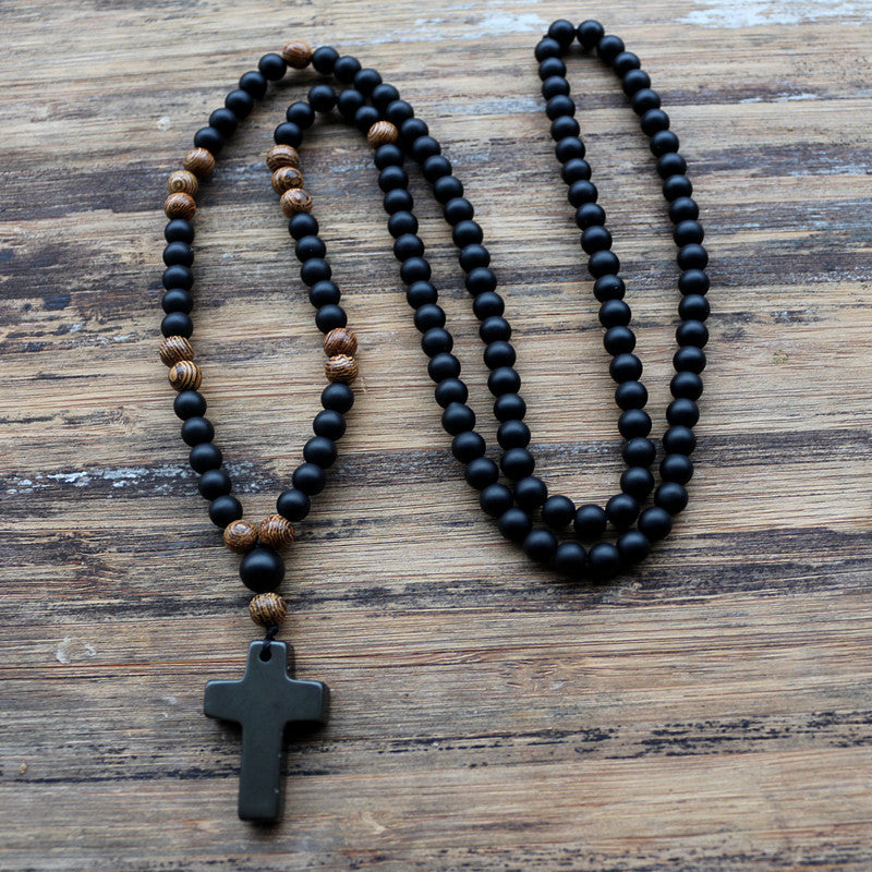 6MM Black stone Wood Beads with black stone cross Pendant Mens Rosary Necklace Mens Mala jewelry