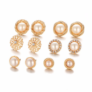6Pcs/set Fashion Crystal Stone Gold Flower Pearl Hollow Earrings Retro Vintage Stud Earring Set Jewelry Accessories Woman#242465