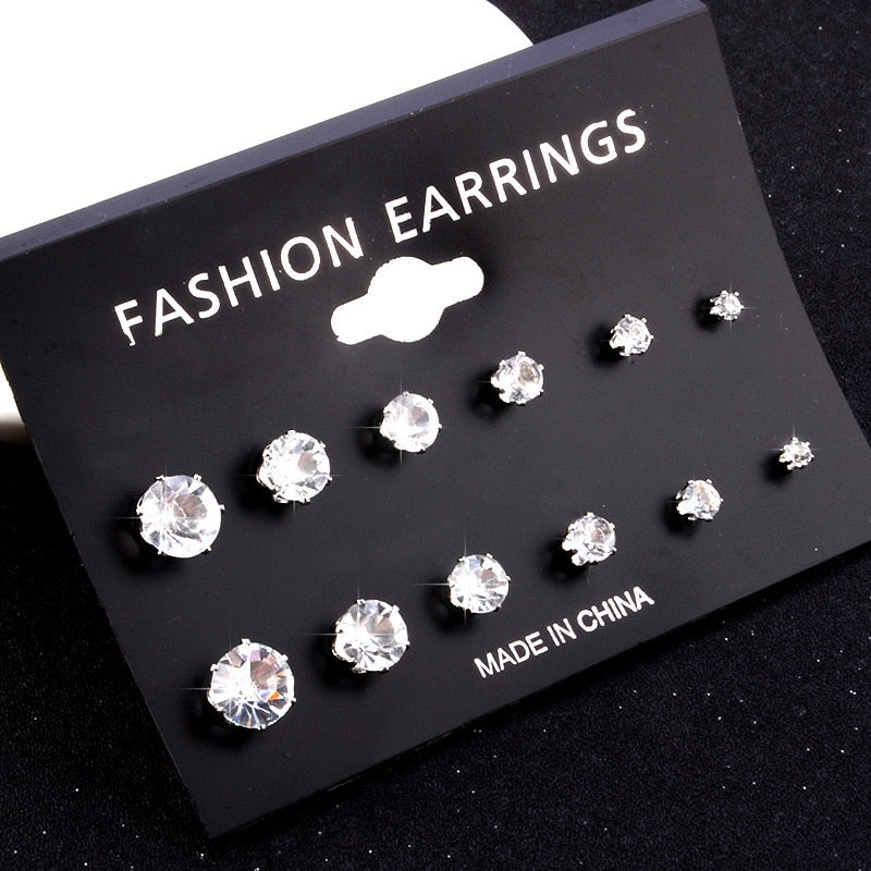 6pairs/lot women fashion accessories simple crystal Stud Earrings Cute Earring Sets For Women