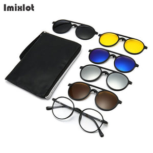 6pcs/set Vintage Round Polarized Clip On Sunglasses Men Women Magnetic Clips Eyewear Eyeglass Optical Frame Night Vision Glasses