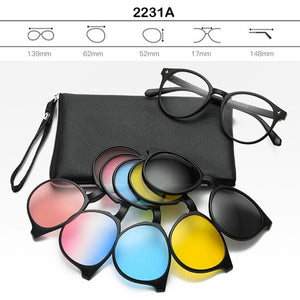 6pcs/set Vintage Round Polarized Clip On Sunglasses Men Women Magnetic Clips Eyewear Eyeglass Optical Frame Night Vision Glasses