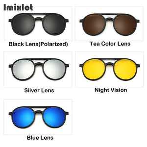 6pcs/set Vintage Round Polarized Clip On Sunglasses Men Women Magnetic Clips Eyewear Eyeglass Optical Frame Night Vision Glasses