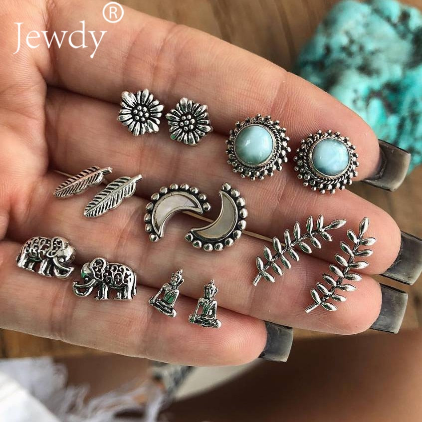 7 Pairs/Set Elephant Moon Buddha Stud Earrings for Women Leaf Feather Stone Charm Boucle D'oreille Party Bridal Jewelry Brincos