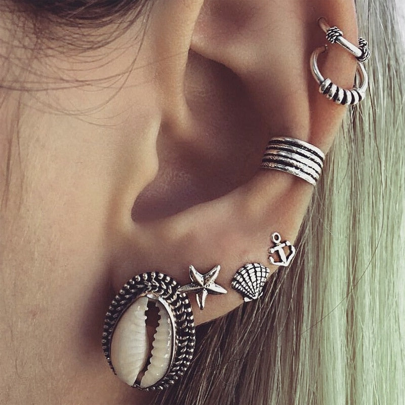 7pcs/set Bohemian Starfish Anchor Shell Set Stud Earrings for Women Punk Vintage Silver Color Ear Cuff Earrings Fashion Jewelry