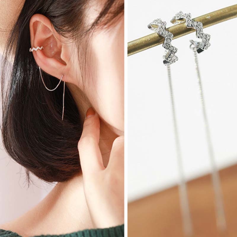 80% Silver Real Pure Solid 925 Sterling Silver Long Dangle Tassel Earrings Clip for Women Jewelry CZ Female Thread Earrings