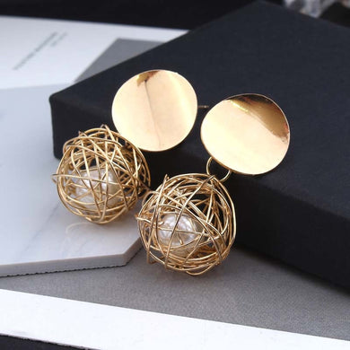 2018 Fashion Jewelry for Women Stud Earrings Gold Color Round Hollow Ball Imitation Pearl Hyperbole about 4*2cm 1 Pair