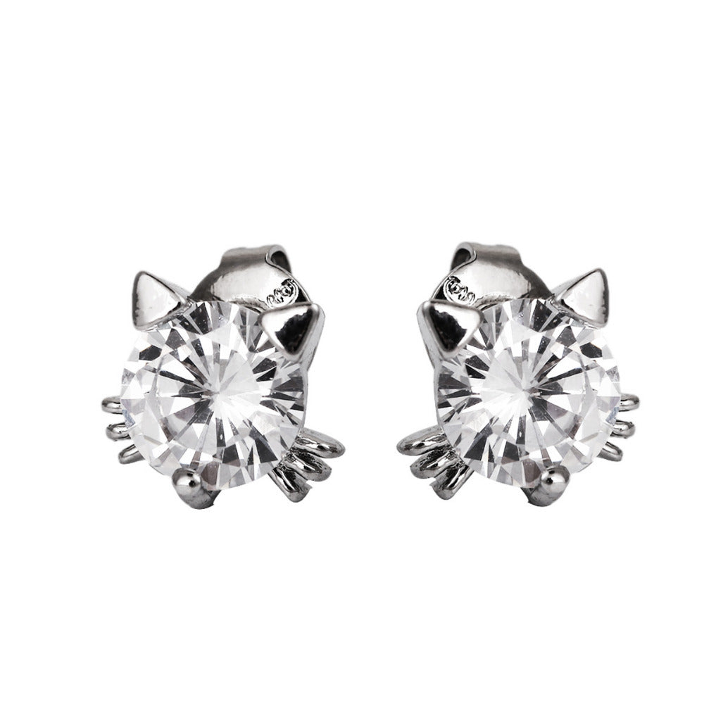 Copper Ear Post Stud Earrings Dull Silver Color Clear Cubic Zirconia Cat Animal Trendy For Women 8mm( 3/8), 1 Pair