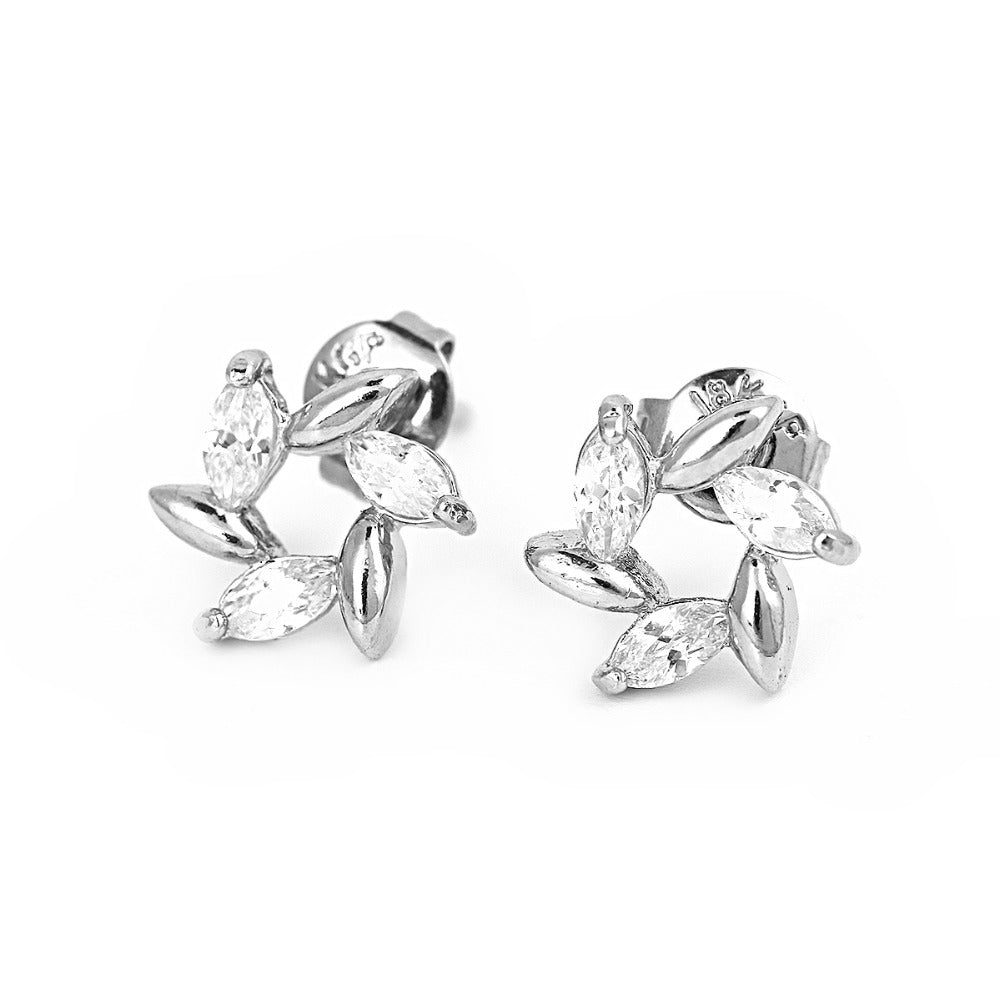Copper Ear Post Stud Earrings Dull Silver Color Clear Cubic Zirconia Windmill 10mm( 3/8) x 9mm( 3/8), 1 Pair