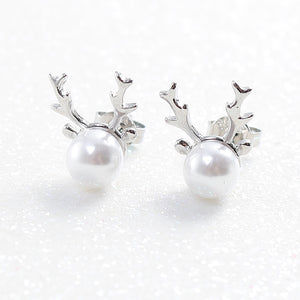 Dull Silver Color White Antler Acrylic Imitation Pearl Copper Ear Post Stud Earrings 12mmx 10mm, 1 pair