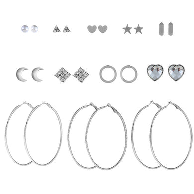 Ear Post Stud Earrings Set Silver Color Pentagram Star Heart Circle Trendy Bohemia Style Women Jewelry 1 Set (12 Pairs)