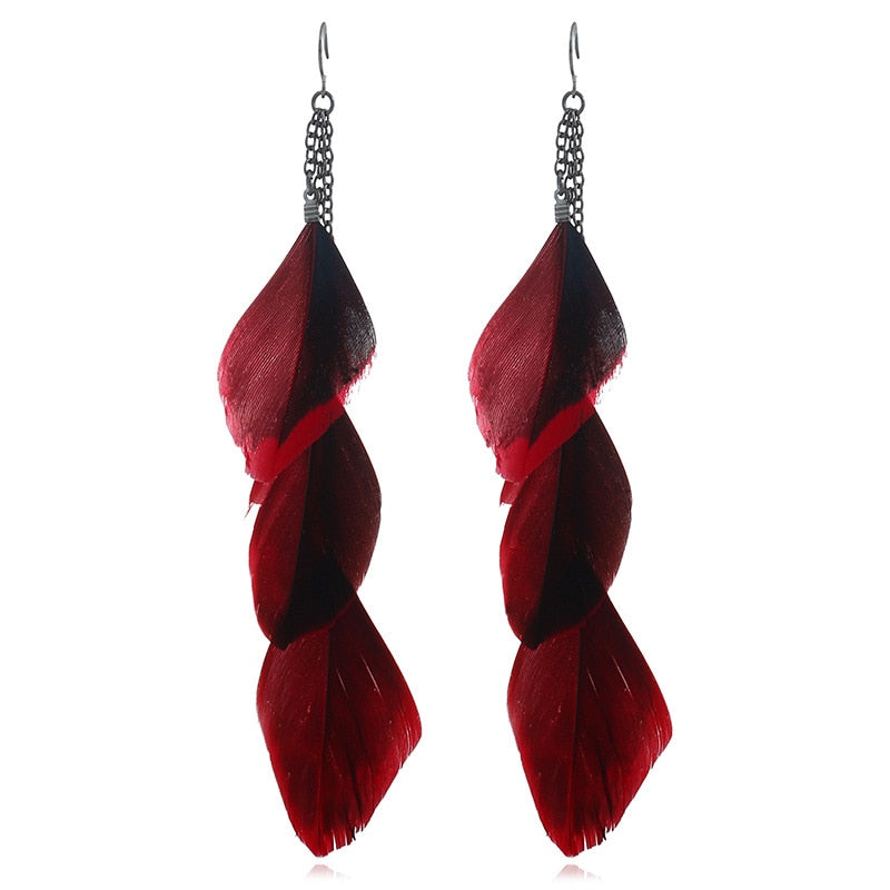 Fashion Jewelry Earrings Ear Hook Antique Silver Color Chains Red Feather Tassel For Women Trendy Hyperbole, 1 Pair