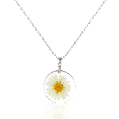 Handmade Boho Transparent Resin Dried Flower Daisy Necklace Ball Chain Silver Color White Round 45cm long, 1 Piece