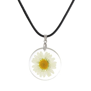 Handmade Boho Transparent Resin Dried Flower Daisy Necklace Ball Chain Silver Color White Round 45cm long, 1 Piece