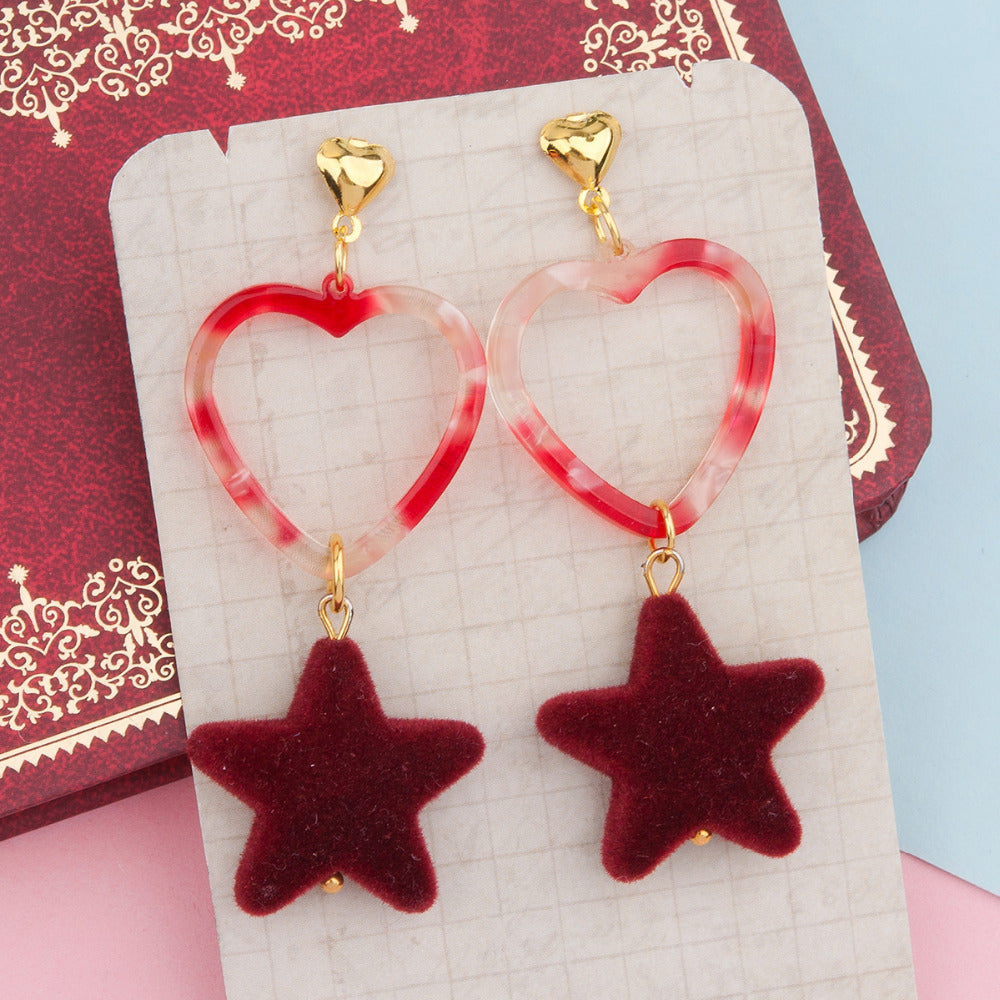 Handmade Ear Stud Earrings Gold Color Red Heart Star Acrylic Velvet Beads Pendant For Women Hyperbole 6.3x2.4cm, 1 Pair