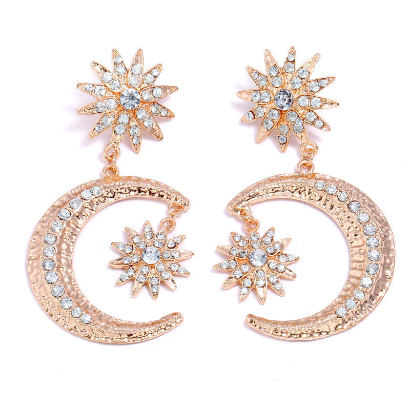 Hyperbole Trendy Stud Earrings Ear Studs Gold Color Half Moon Flower Clear Rhinestone Women Party Club Jewelry 1 Pair