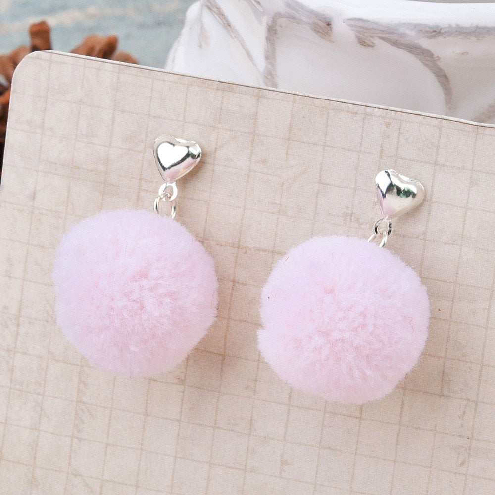 Women Fashion Cashmere Earrings Ear Studs Silver color Pink Pom Pom Ball Heart W/ Stoppers 33mm(1 2/8) x 20mm, 1 Pair