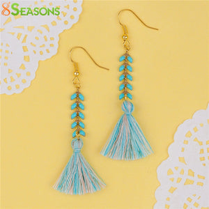 Women Gold color Ear Hooks Drop Earrings 0.7mm Mint Green Herringbone Chain & Cotton Tassel Pendant 7x0.6cm 1 Pair