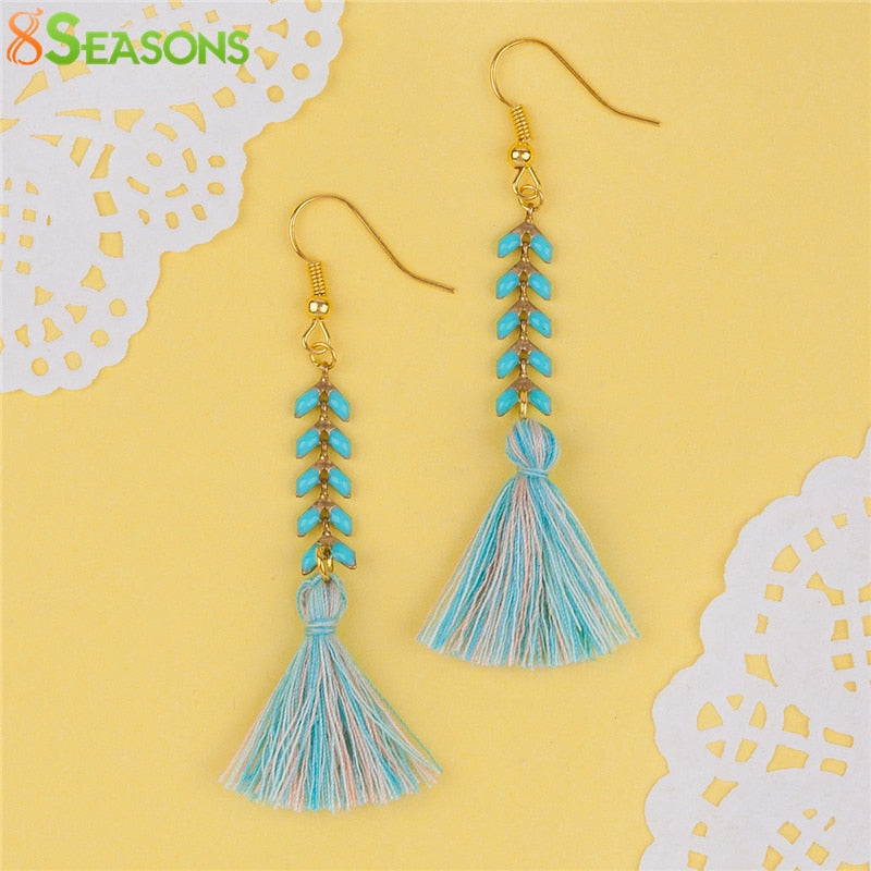 Women Gold color Ear Hooks Drop Earrings 0.7mm Mint Green Herringbone Chain & Cotton Tassel Pendant 7x0.6cm 1 Pair