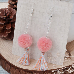 Women Hot New Fashion Drop Earrings Silver color Cotton Tassel Watermelon Red Cashmere Pom Pom Ball 90mm x 20mm 1 Pair