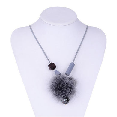 Wooden Geometry Beads Plush Ball Pompom Velvet Rope Sweater Necklace with Lobster Clasp and Extender Chain, 1 Piece