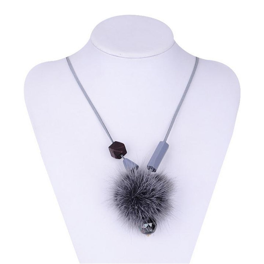Wooden Geometry Beads Plush Ball Pompom Velvet Rope Sweater Necklace with Lobster Clasp and Extender Chain, 1 Piece