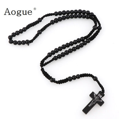 8mm Catholic Black Wooden Rosary Beads Orthodox Cross Wood Woven Rope Necklace Of Religious Jewelry Men Women