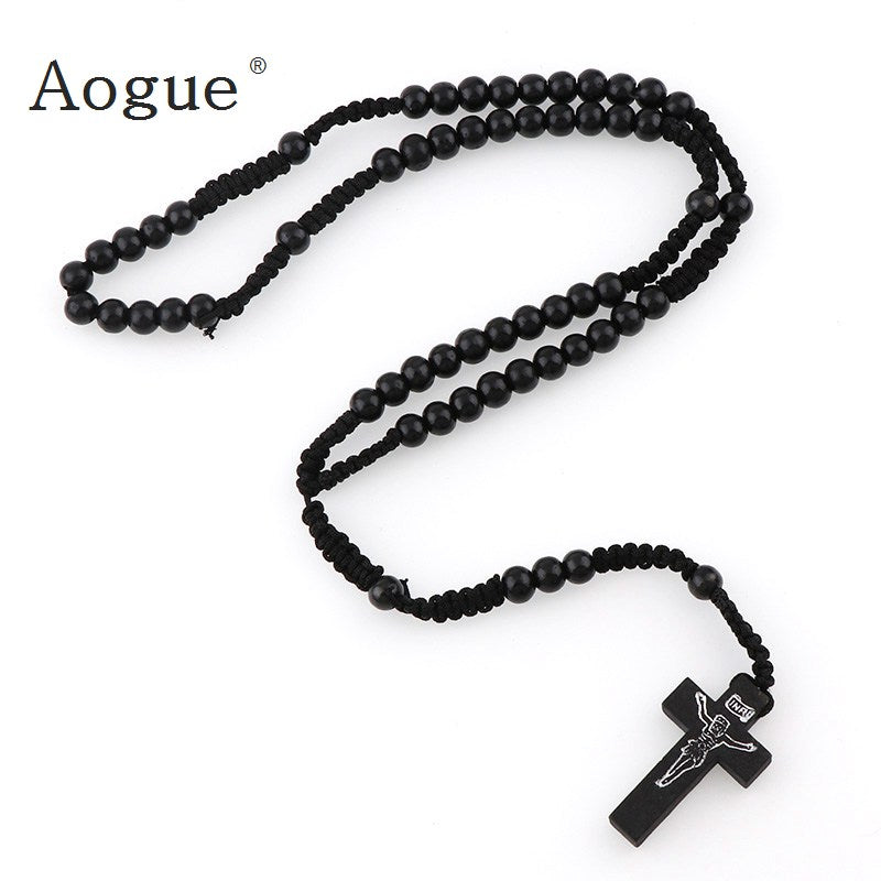 8mm Catholic Black Wooden Rosary Beads Orthodox Cross Wood Woven Rope Necklace Of Religious Jewelry Men Women