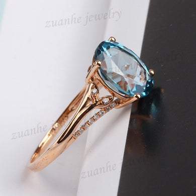 8x10mm Oval Cut Natural Blue Topaz Ring Diamonds Solid 14k Rose Gold Women Engagement Wedding Ring Fine Jewelry Gift Ring