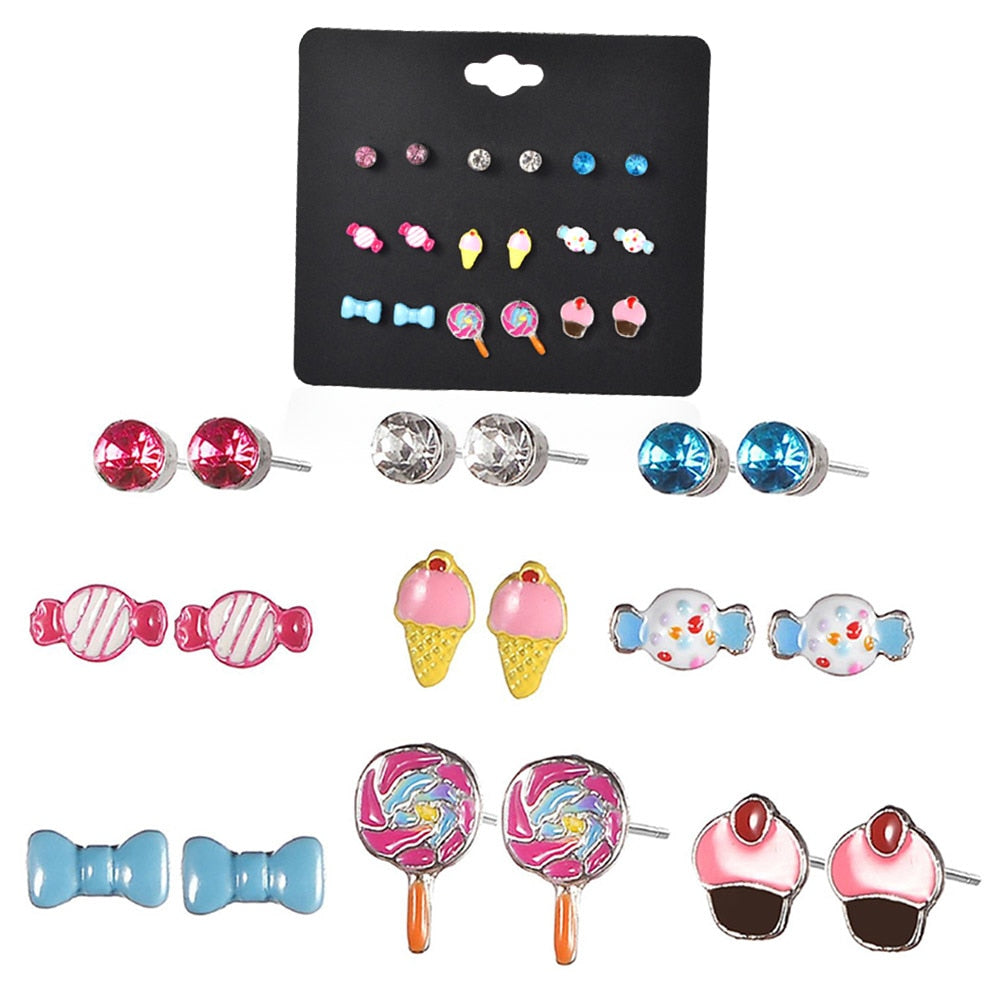 9 Pairs Fashion Children/Kids Jewelry Candy Heart Butterfly Lollipops Angel Crown Mixed Stud Earrings Set For Girls